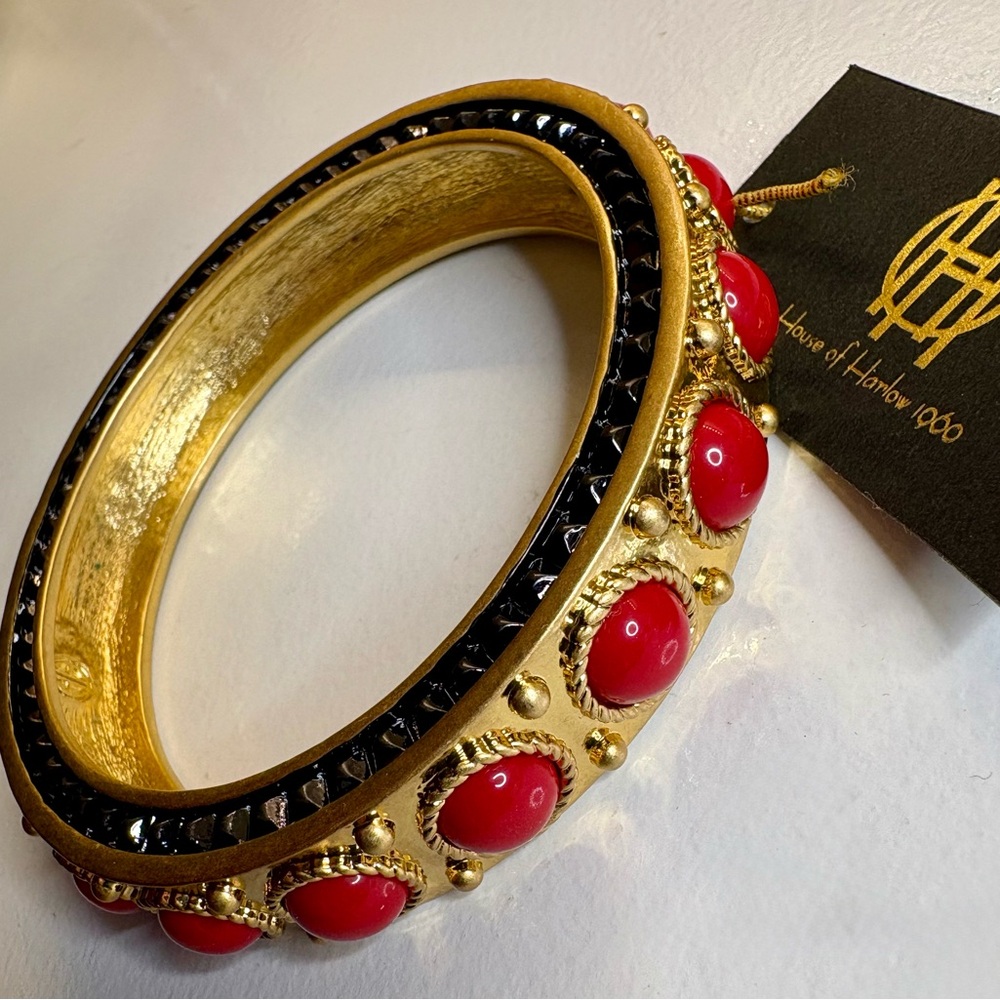 House of Harlow 1960 Round Red Cabochon Side Studded Bangle